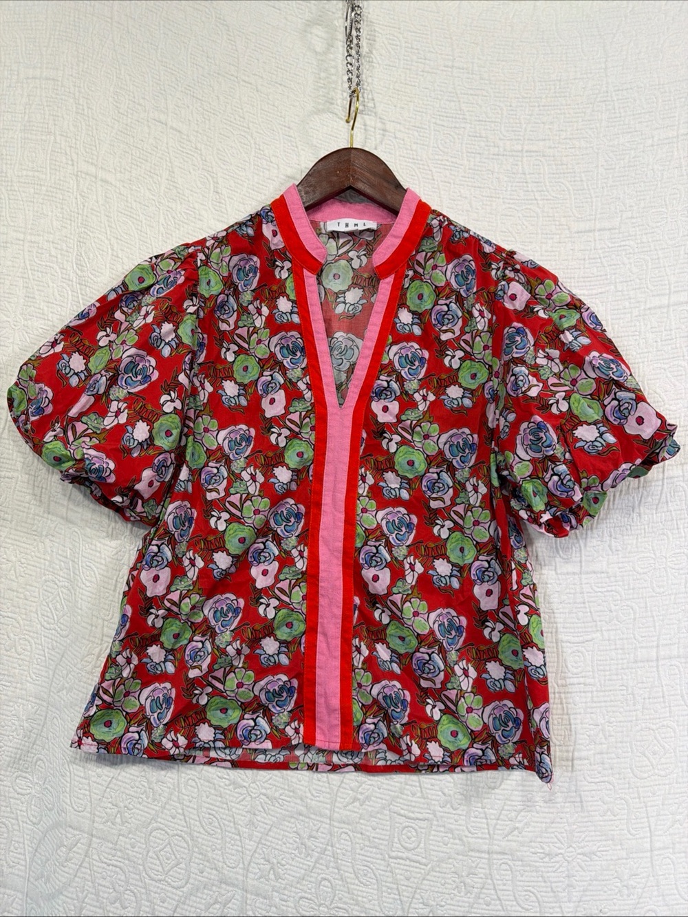 THML Puff Bubble Hem Sleeve Texture Top Shirt Blouse Poppy Flower Ruffle Size XS